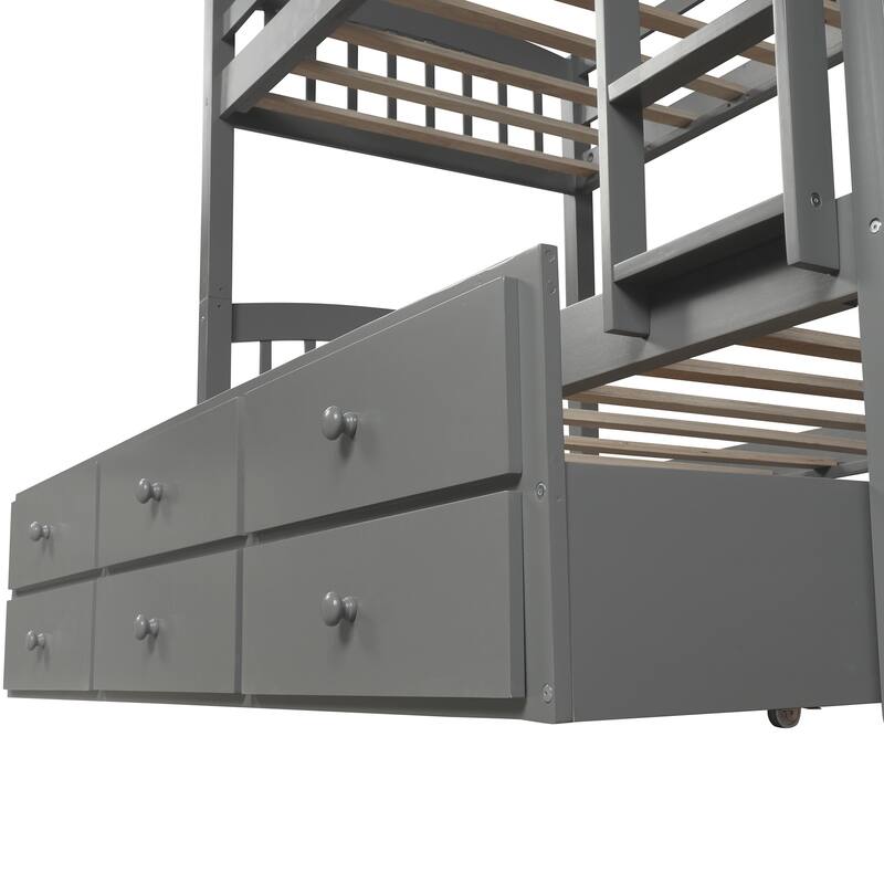 Twin Bunk Bed with Ladder, Safety Guardrails, and Trundle, 3 Storage Drawers, Convertible into 2 Beds, White/Grey/Espresso