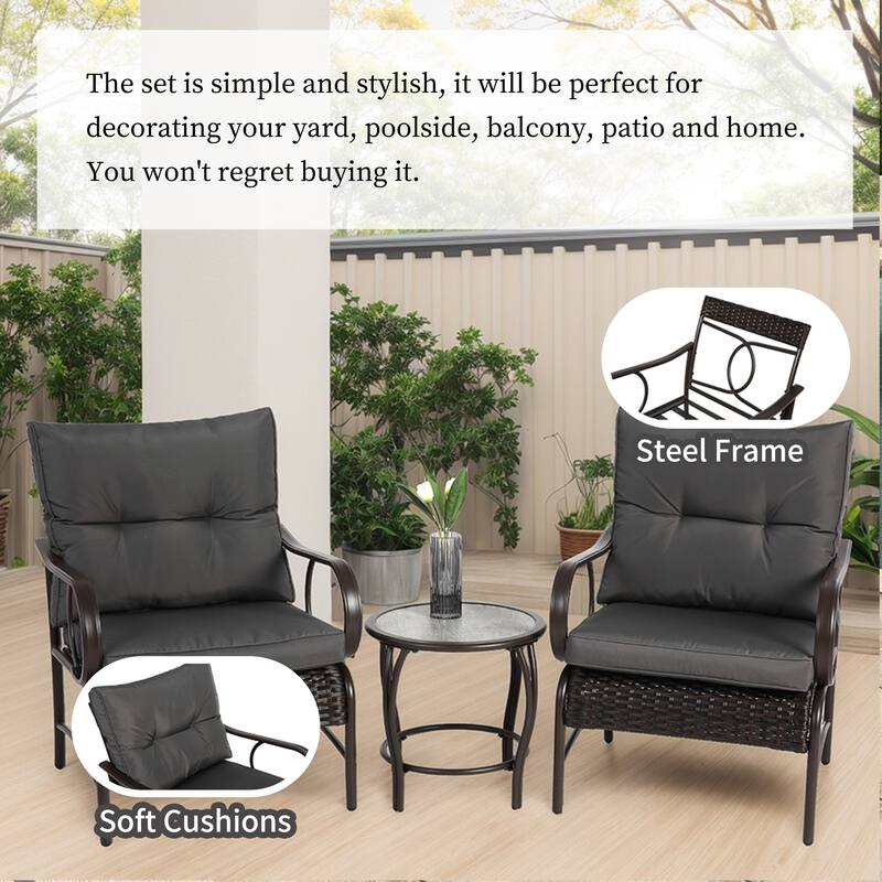 3-Piece Modern Rattan Patio Conversation Set with Coffee Table