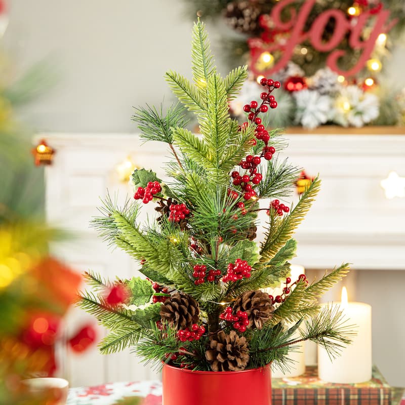 Glitzhome 22"H Lighted Santa Belt Potted Christmas Table Tree