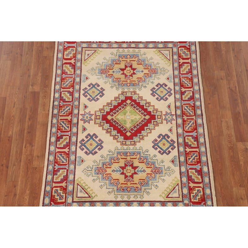 Geometric Kazak Oriental Area Rug Handmade Beige Wool Carpet - 3'11" x 6'0"
