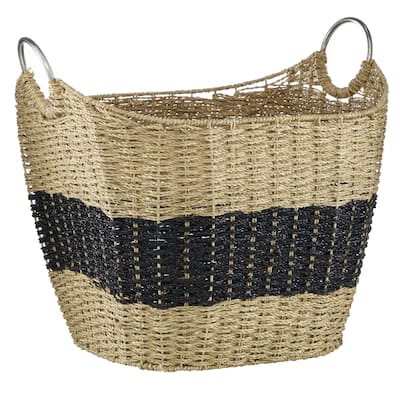 Seagrass Handmade Two Toned Decorative and Functional Storage Basket with Metal Handles - Brown - Roche River Decor