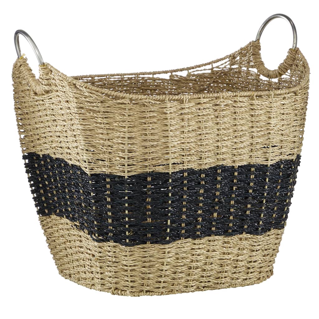 Seagrass Handmade Two Toned Decorative and Functional Storage Basket with Metal Handles - Brown - Roche River Decor