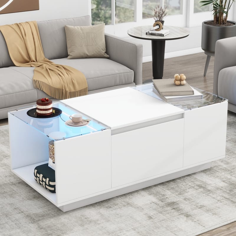 Led Coffee Table, Modern Center Table with High-Gloss Finish and Glass Tabletop, Coffee Table with Open Storage Compartment