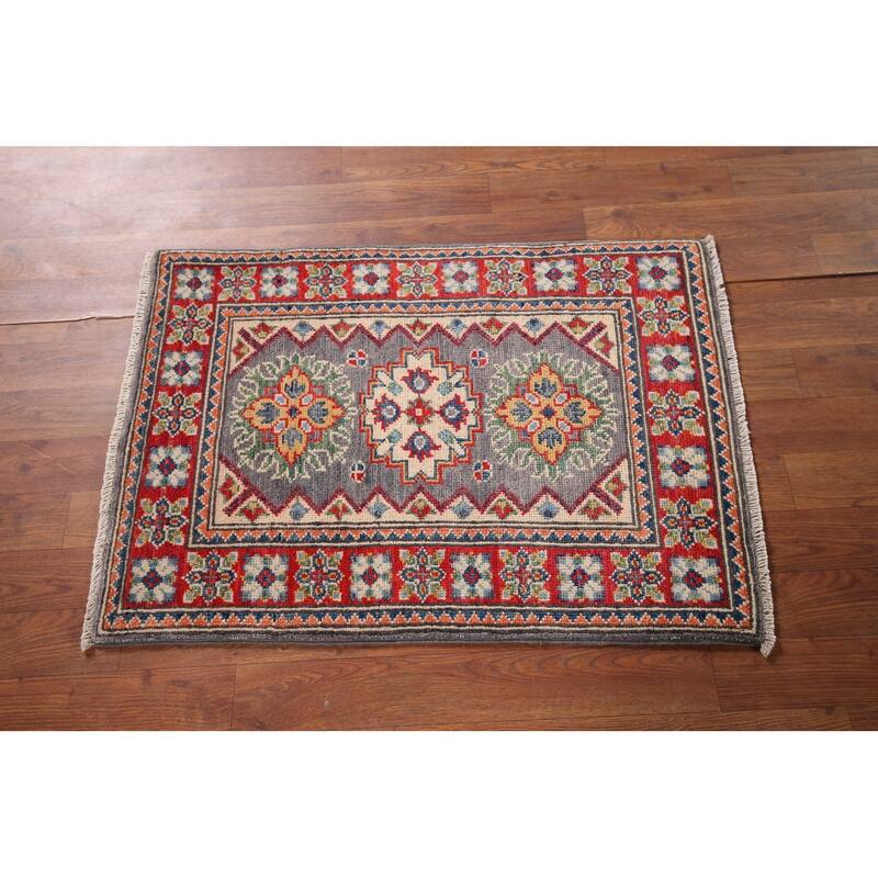 Geometric Kazak Accent Rug Handmade Grey Wool Carpet - 2'1" x 2'11"