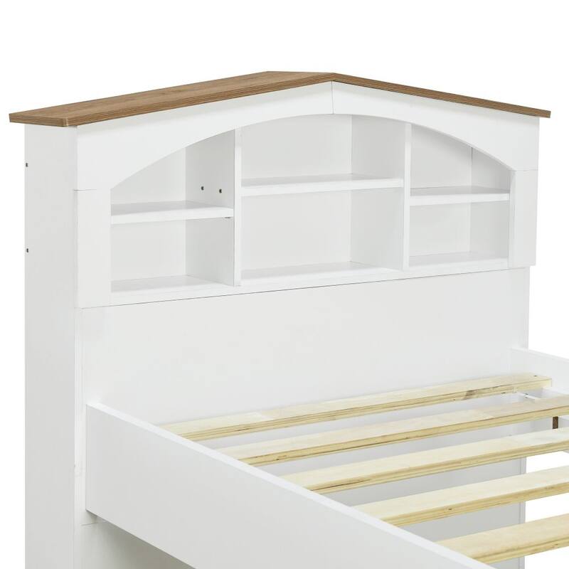 Twin Size Wood Platform Bed with House-shaped Storage Headboard and Trundle
