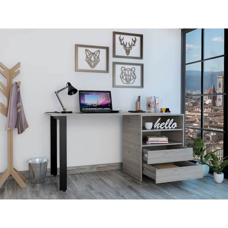 FM Furniture Pragma 120 Writing Desk with 2 Drawers, 2 Open Shelves, and Steel Legs
