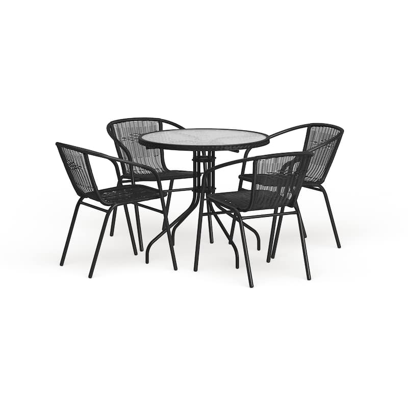 28'' Round Glass Metal Table with Rattan Edging and 4 Rattan Stack Chairs