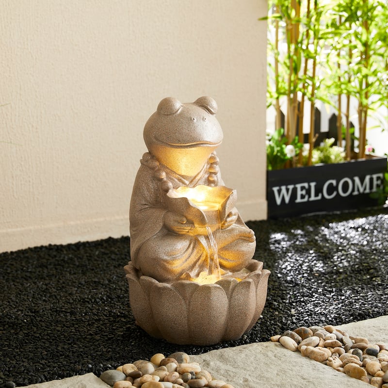 Glitzhome 21.75"H 2-Tiered Lighted Zen Style Frog Elephant Polyresin Outdoor Fountains - Brown