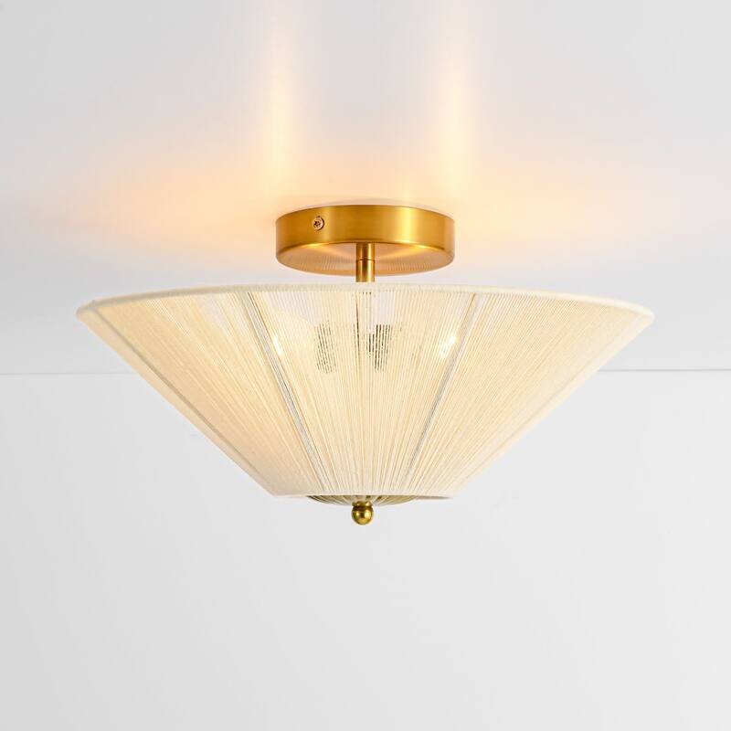 2-Light Modern Contempoary Beige Hand-Woven Shade Semi-Flush Mount Ceiling Light - 14.96 in. W x 7.87 in. H x 14.96 in. D