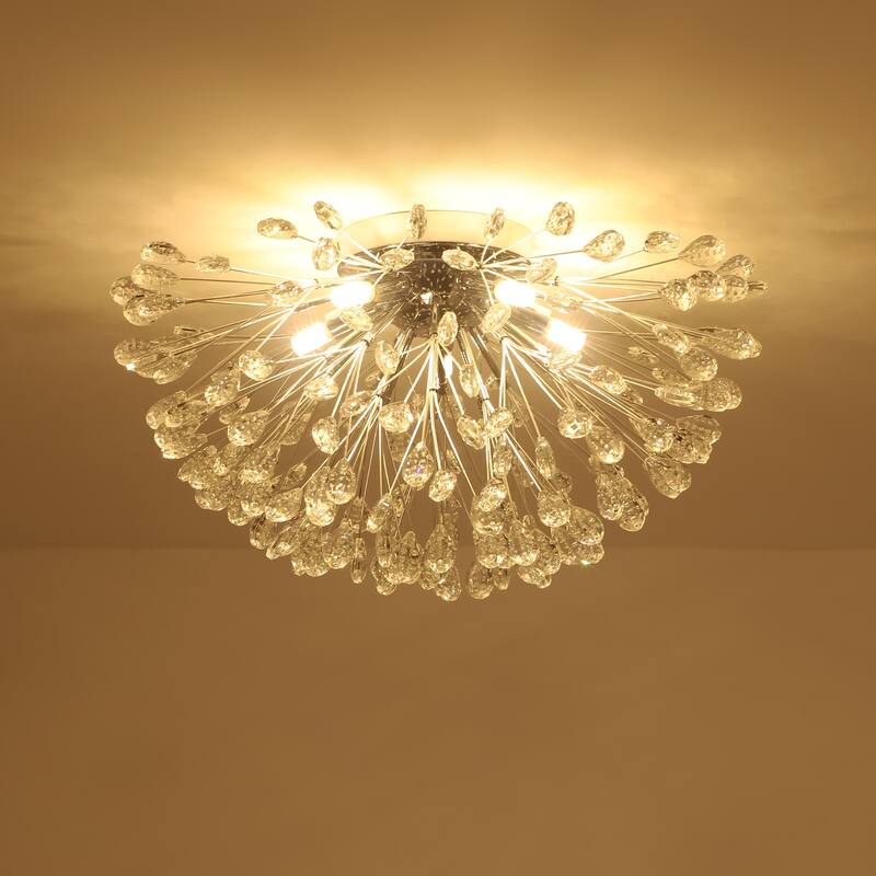 5-Light Modern Sputnik Starburst Crystal Semi-Flush Mount Light