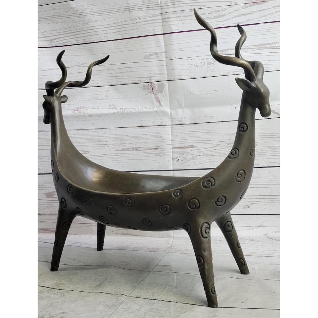 Two Gazelle Antelope Kudu Bronze Vessel Planter Bowl Candy Dish