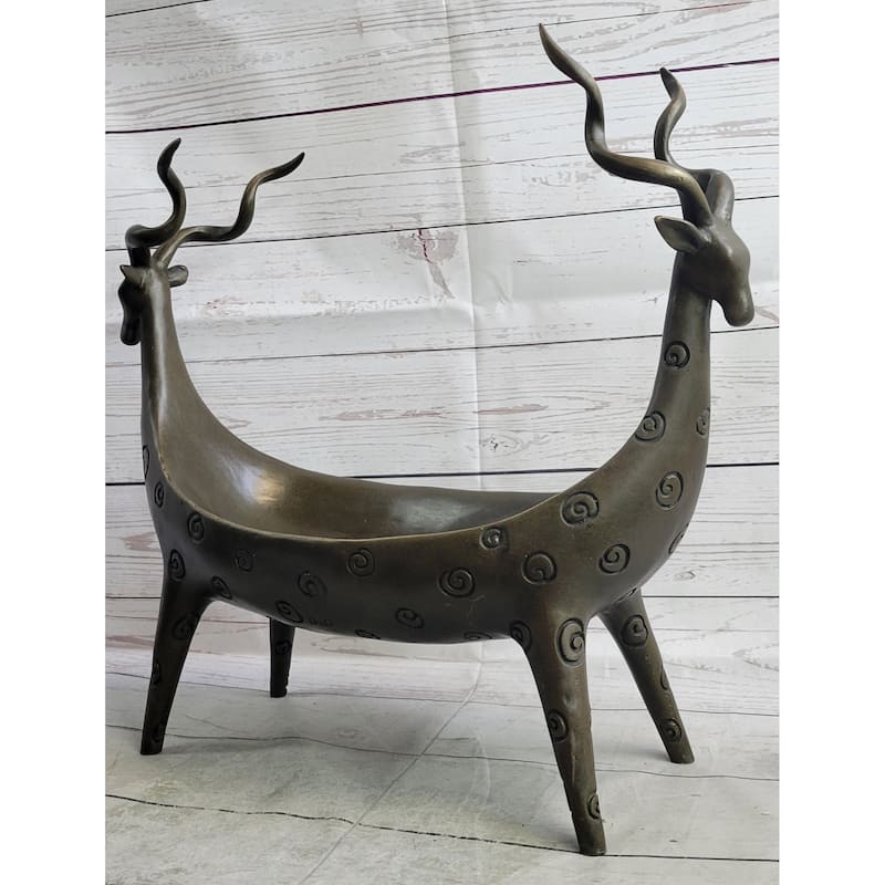Two Gazelle Antelope Kudu Bronze Vessel Planter Bowl Candy Dish