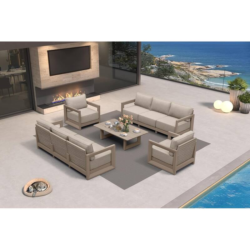 PURPLE LEAF Caesar Khaki Outdoor Couch with 9.6" Thick Cushion and Table for Yard Porch Deck Outdoor Patio Conversation Sets - 8 Seats+1 Table - Enclosed