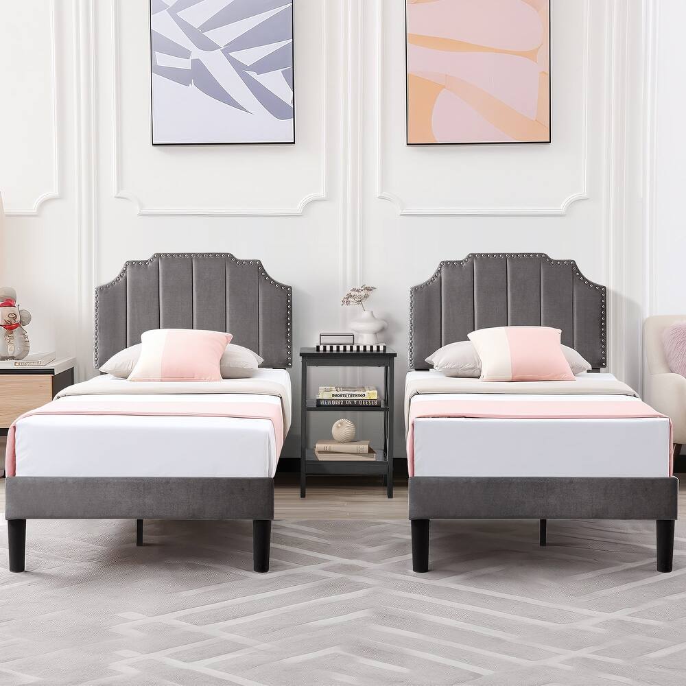 VECELO Double Twin Bed Set 41"-47" Adjustable Height Platform Bed with Nailhead Trim 7.8" Underbed Storage No Box Spring Needed