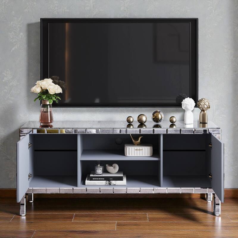 59 Inch Mirrored TV Stand with Crushed Diamond Glass Doors, Modern Entertainment Center for 65 Inch TV