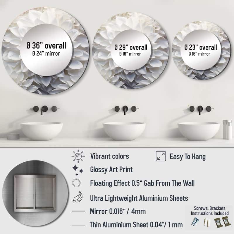 Designart "Minimalism White Dahlia" Dahlia Round Bathroom Mirror - black Traditional Round Wall Décor