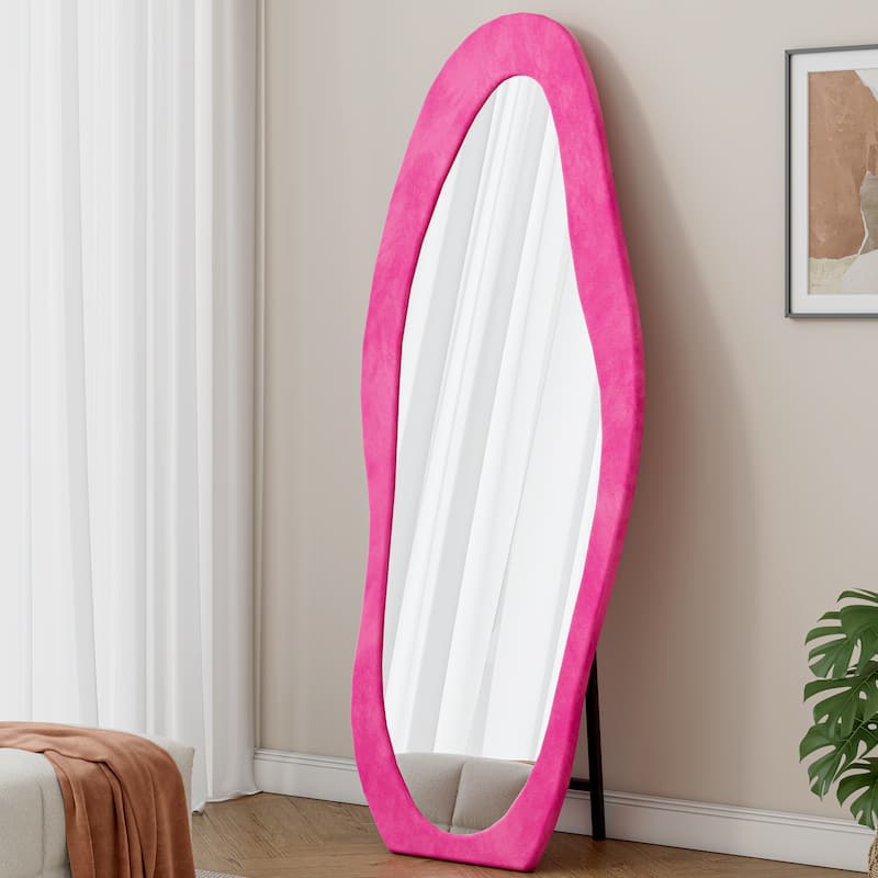 Full Length Mirror,63" x 24" Floor Mirror/ Wall Mirror, Flannel Wrapped Wooden Frame Floor Mirror - Rose Pink