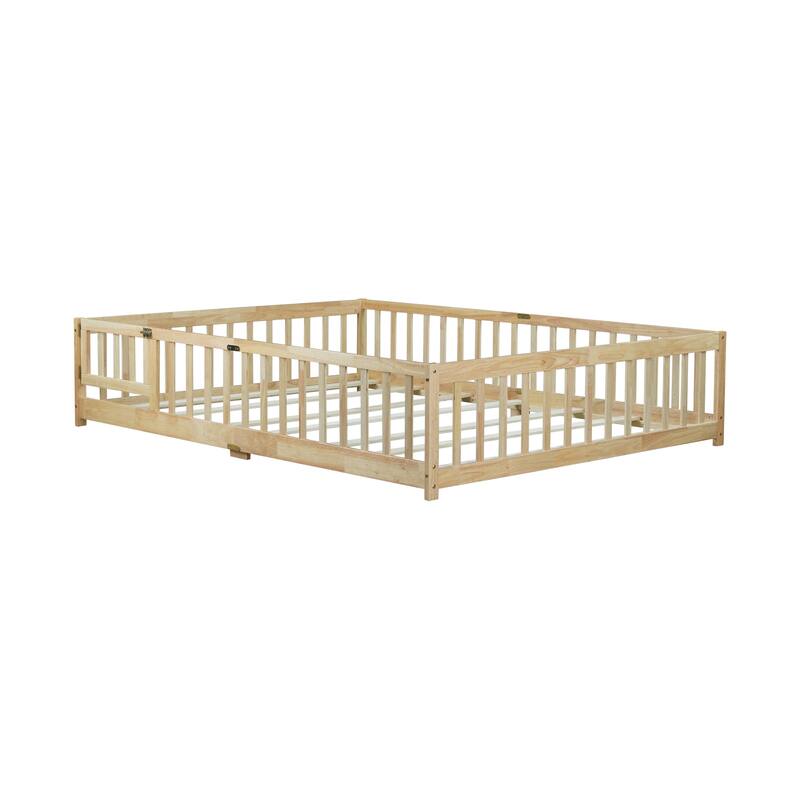 Roomfitters Queen Floor Bed with Surround Fence and Swing Door, Rubber Wood Platform with Guardrails and Slats, Natural