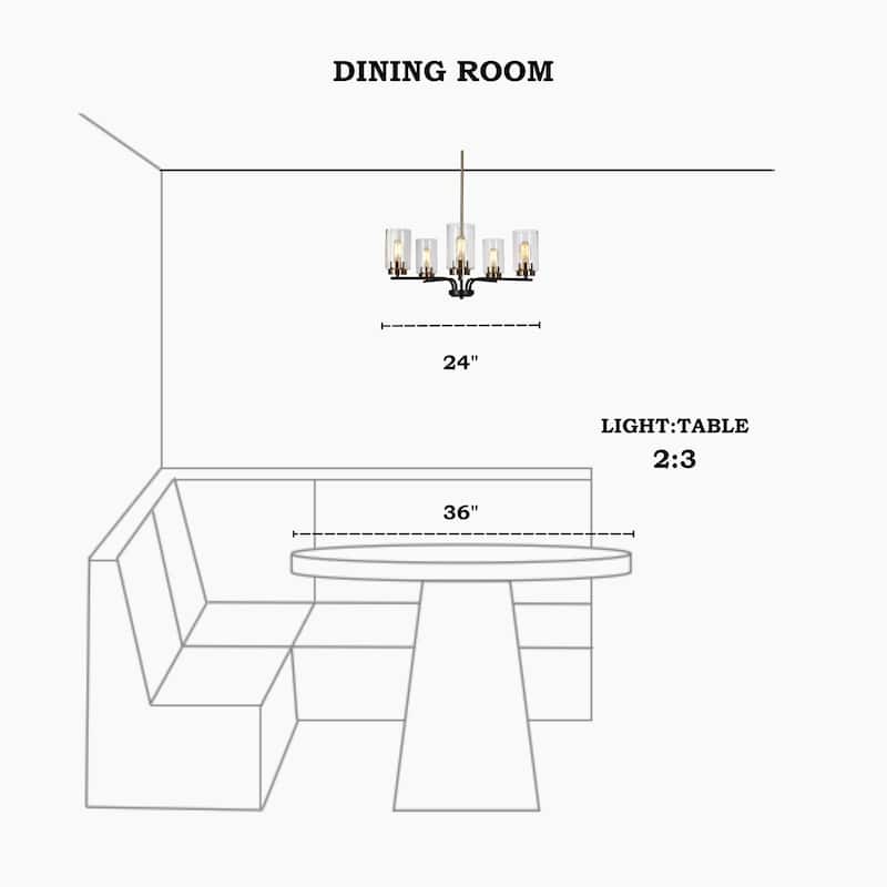 Modern 5-Light Black Gold Wheel Chandelier Cylindrical Seeded Glass Pendant Lights for Dining Room