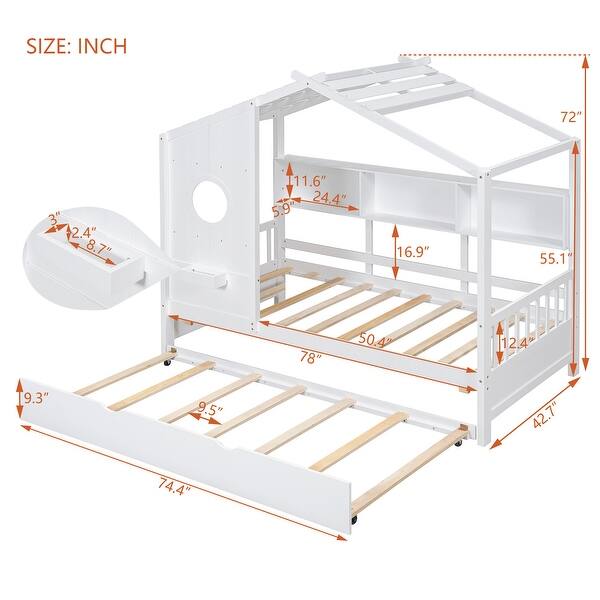 dimension image slide 0 of 4, Pine Wood House Bed with Trundle Bed, Bookcase Bed with Storage Shlef & Roof, Semi-enclosed Design, for Kids Girls Boys