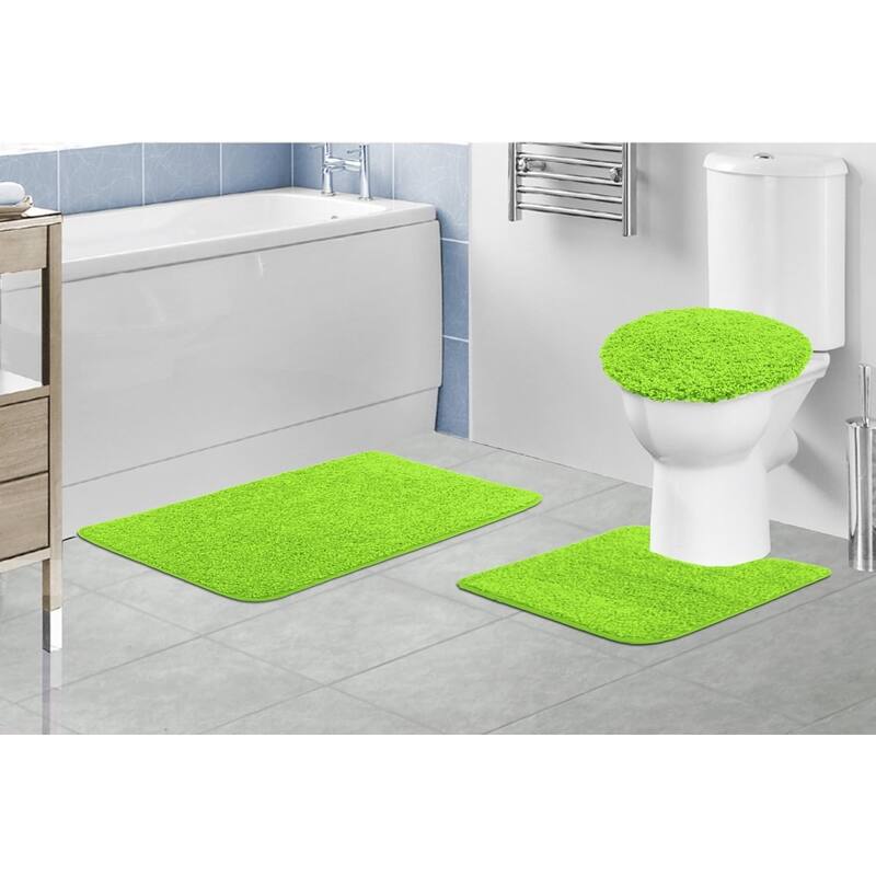 Layla 3 PC Shaggy Bathroom Rug Set, Bath Mat, Contour Rug, Lid Cover, Solid Colors - Lime