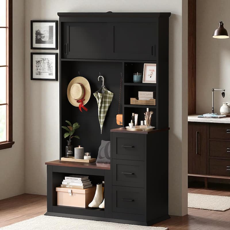 40.2 in Hall Tree with Bench & 3 Drawers, 3 Hooks, 2 Top Cabinets, Modern Entryway Coat Rack Organizer, 71.3 in H - Black