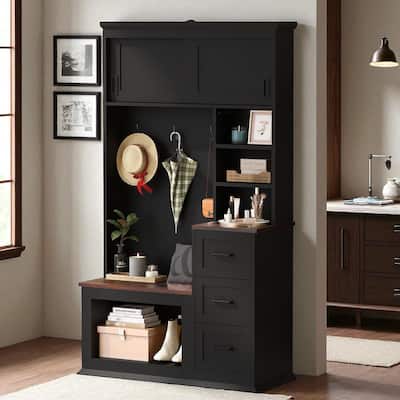 40.2 in Hall Tree with Bench & 3 Drawers, 3 Hooks, 2 Top Cabinets, Modern Entryway Coat Rack Organizer, 71.3 in H