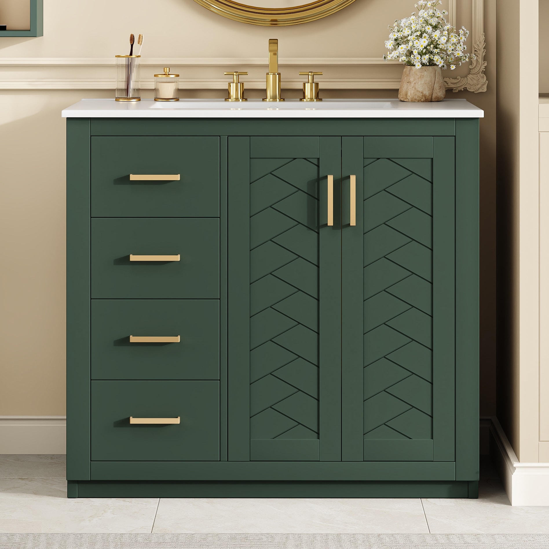 Roomfitters 36" Bathroom Vanity with Sink, Freestanding Wood Vanity Cabinet with Ceramic Basin and Soft Closing Drawers, Green
