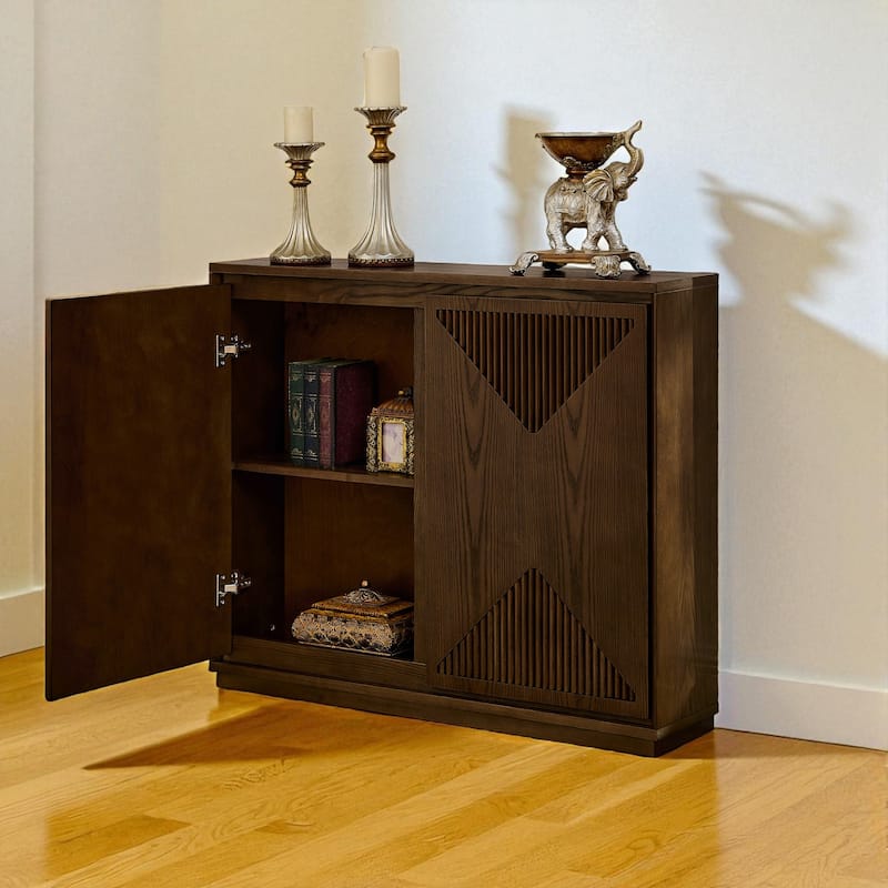 39" V-Shape Fluted Storage Cabinet, Mid Century Modern Buffet Sideboard with Outlet Holes for Entryway Kitchen