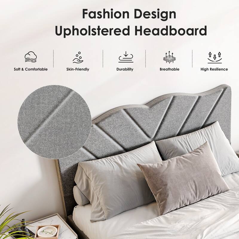 Modern Platform Bed Frame with Upholstered Headboard & Wooden Slats