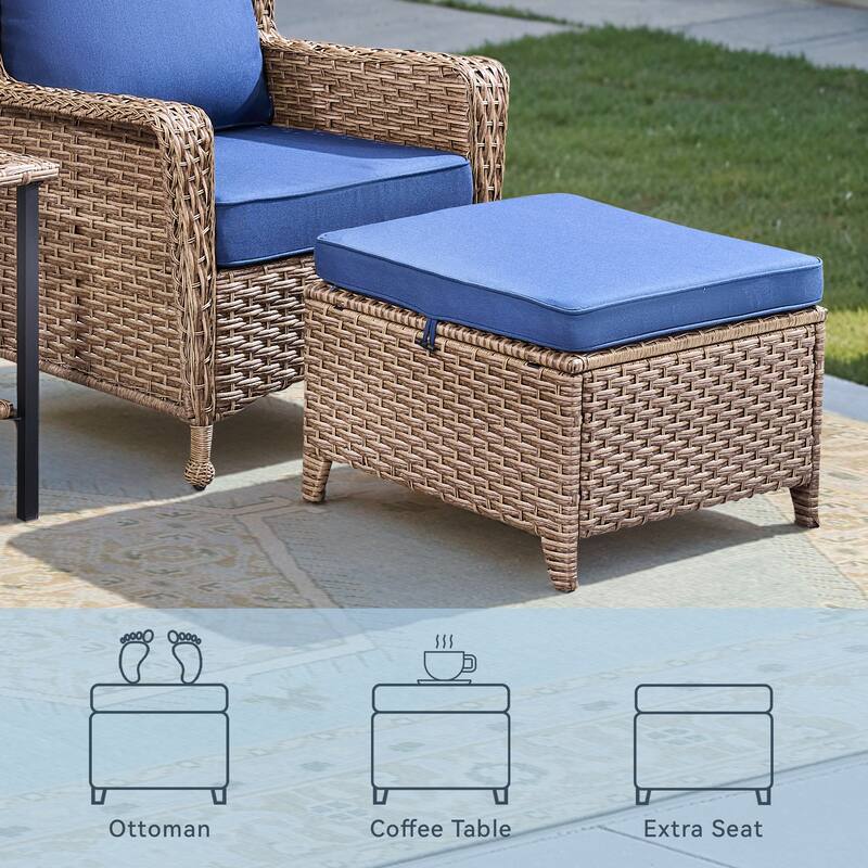 Pocassy Outdoor Wicker Chairs Ottoman with Side Table Funiture Set.