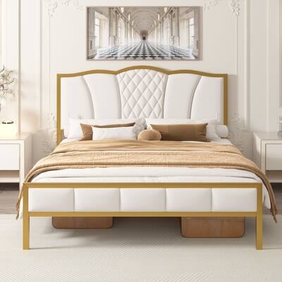 Modern Upholstered Bed with Tufted Headboard + Golden Metal Platform Bed Frame