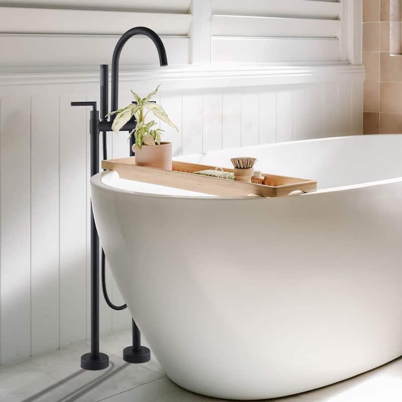 46"H Solid Brass 2-Handle Floor Mounted Tub Faucet with Diverter and Handheld Shower