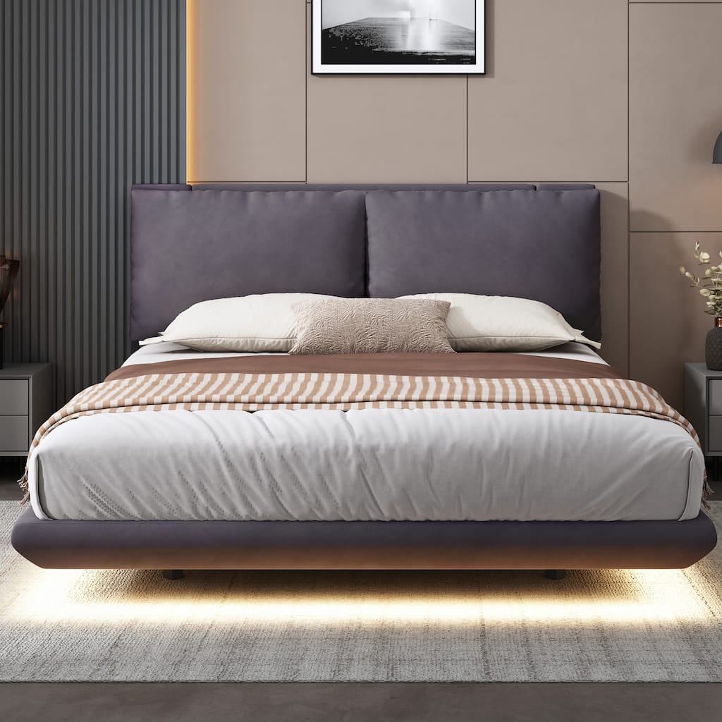 2 Large Upholstered Backrests Bed Frame, Velvet Platform Bed,USB Port & Socket Under the Bed on Both Sides,Wood Low Profile Bed