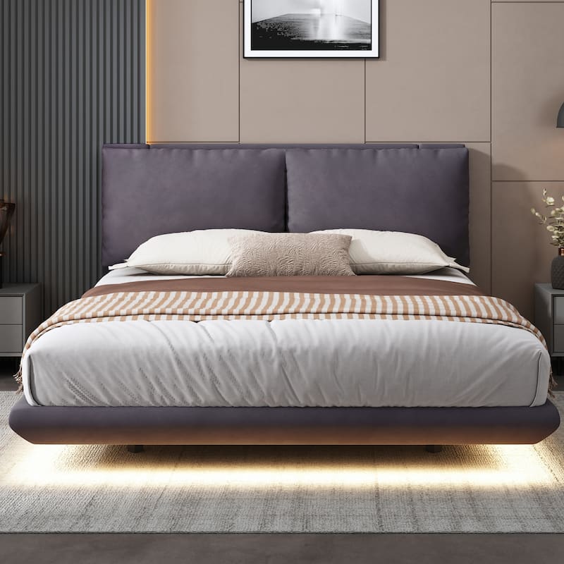 Queen Size Upholstered Platform Bed with Sensor Lights, USB Ports, and Floating Design, Stylish Bed with Large Backrests