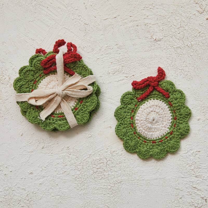 Cotton Crocheted Wreath Shaped Coasters, Set of 4 - Red, White