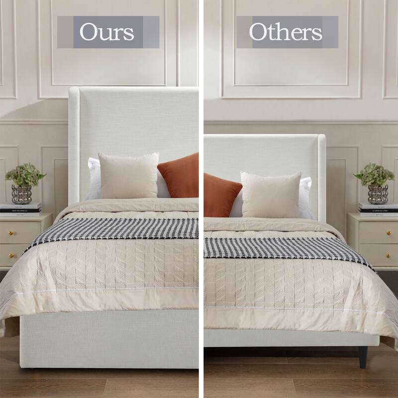Tall Headboard Wingback Upholstered Platform Bed Frame Elegant Textured for Bedroom Strong Wood Slats Support