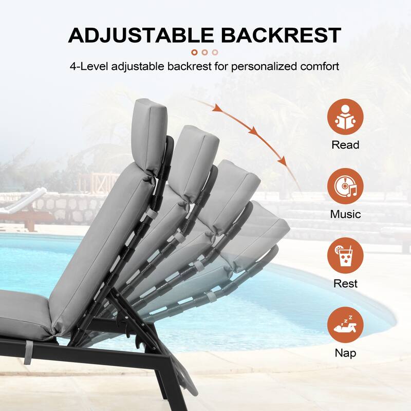 Outdoor Chaise Lounge Chairs (Set of 2) with Cushion and Adjustable Back