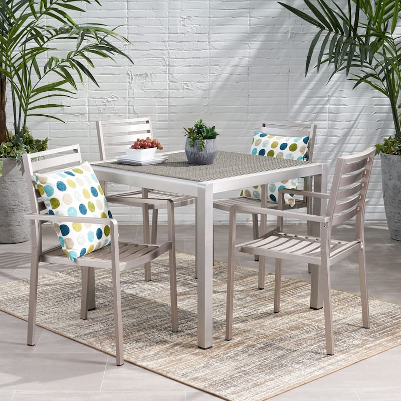 Cape Coral Outdoor Modern 4 Seater Aluminum Dining Set with Wicker Table Top by Christopher Knight Home - Silver + Gray
