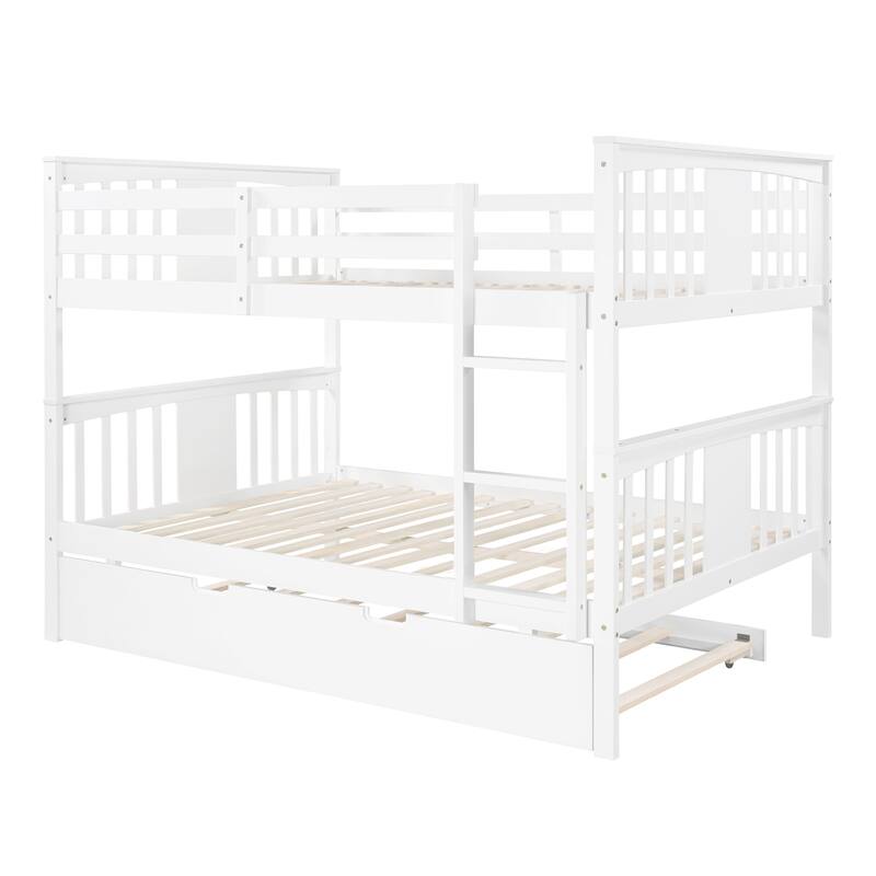 Full Pine Bunk Bed with Trundle and Ladder, Convertible to Two Beds
