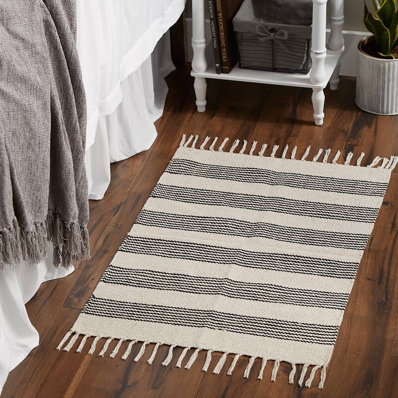 DII Black Ticking Stripe Hand-Loomed Rug 2x3 Ft - 24.0 In. L X 36.0 In. W X 0.2 In. H