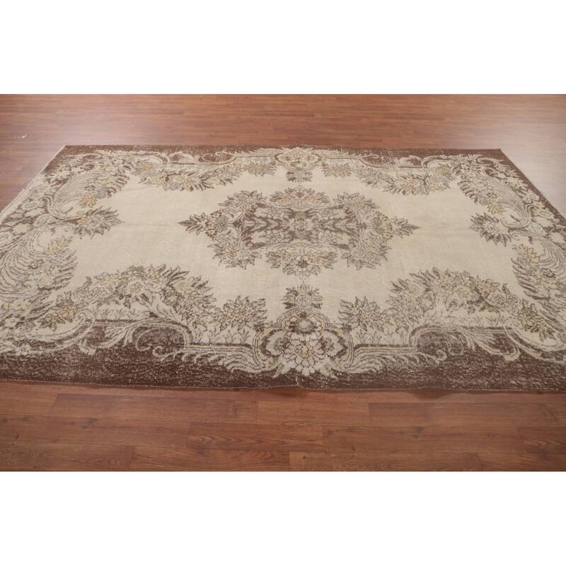Anatolian Turkish Vintage Rug Handmade Distressed Beige Wool Carpet - 6'1" x 9'7"