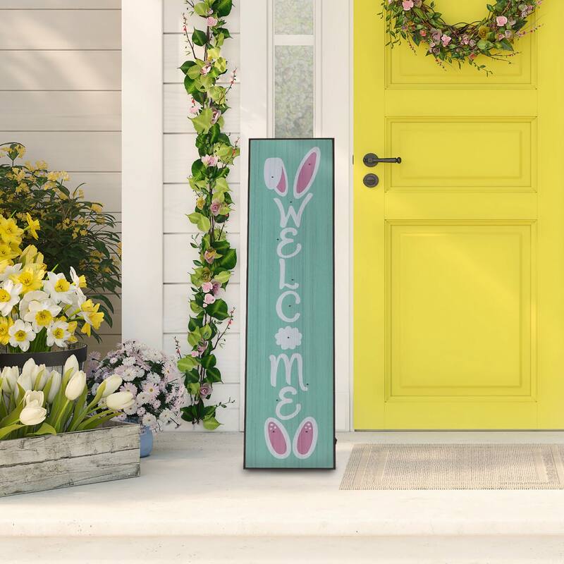 Fraser Hill Farm 45-In. WELCOME Porch Leaner Sign w/Battery-Operated LED Lights & Bunny Ears, Festive Spring Decoration, Blue