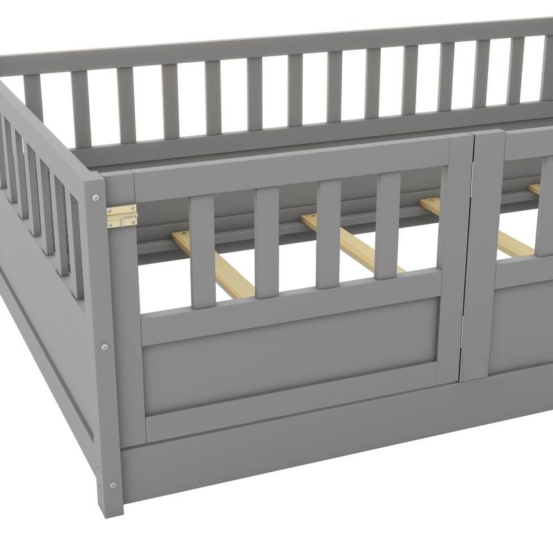 Floor Bed Pine Wood Bed Frame with Fence and Door Easy Assembly