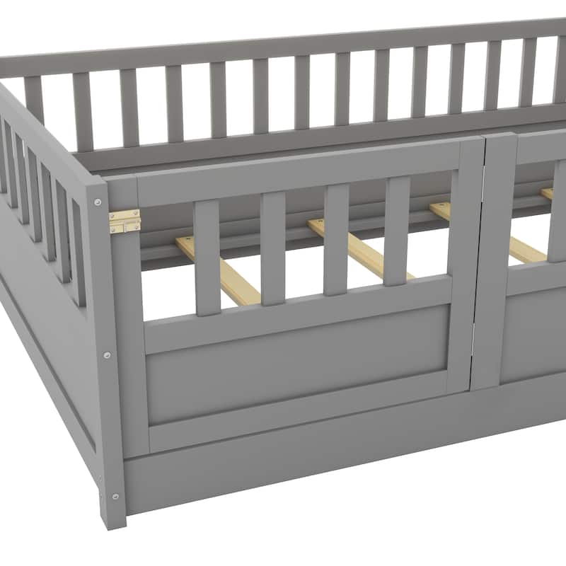 Pine Wood Floor Bed with Full-Length Guardrail and Door
