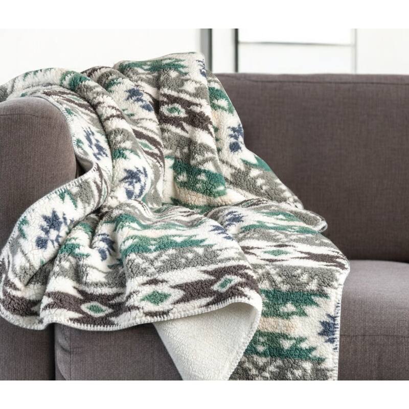 HomeRoots 50" X 60" Ivory Gray And Green Faux Sherpa Southwestern Throw Blanket - Throw - Green/Ivory/Gray