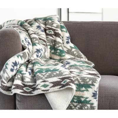 HomeRoots 50" X 60" Ivory Gray And Green Faux Sherpa Southwestern Throw Blanket
