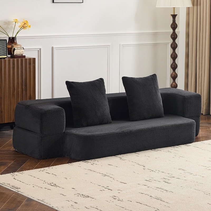 Sectional Sofa With 3 Ottoman Stools - Supportive Foam Fold-Out Bed, Compact Chenille Lounger