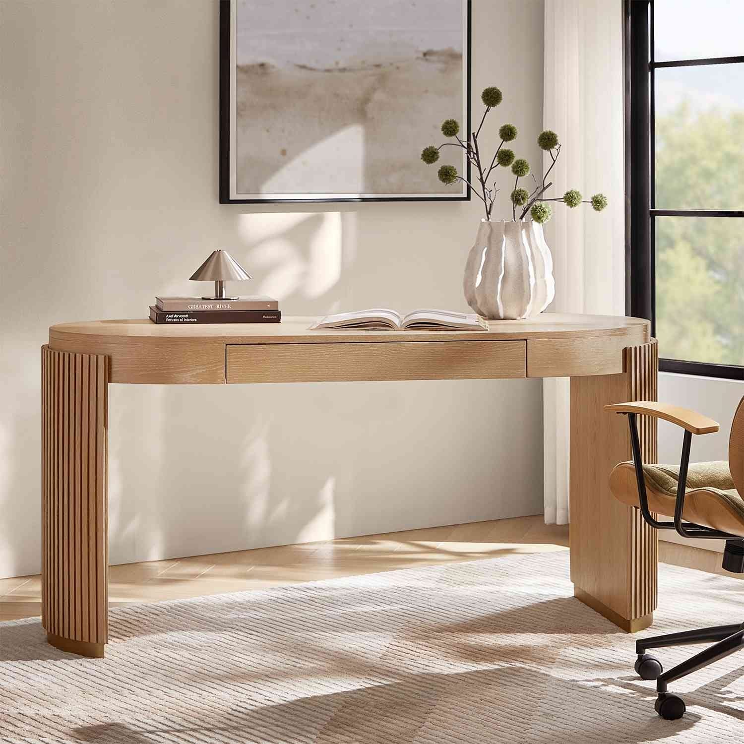 Kaybri Susana 60"W Modern Fluted Writing Desk with Storage Drawer and Power Outlet by HULALA HOME