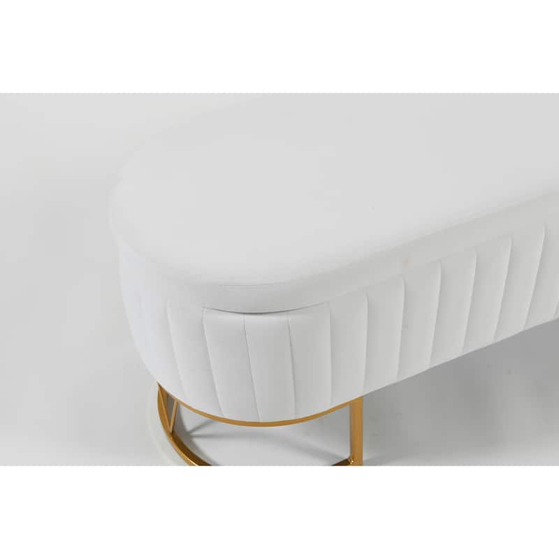 Oval Velvet Storage Bench with Metal Legs Upholstered Bedroom Bench, Modern Storage Ottoman Bench